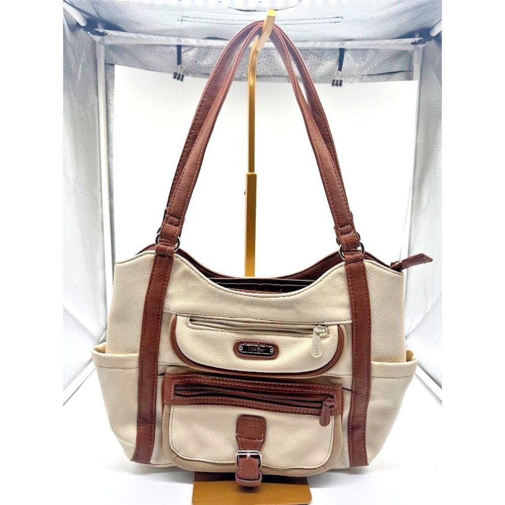 MultiSac Women Shoulder Bag‎ Beige Brown Faux Leather Large Tote Zip Pockets